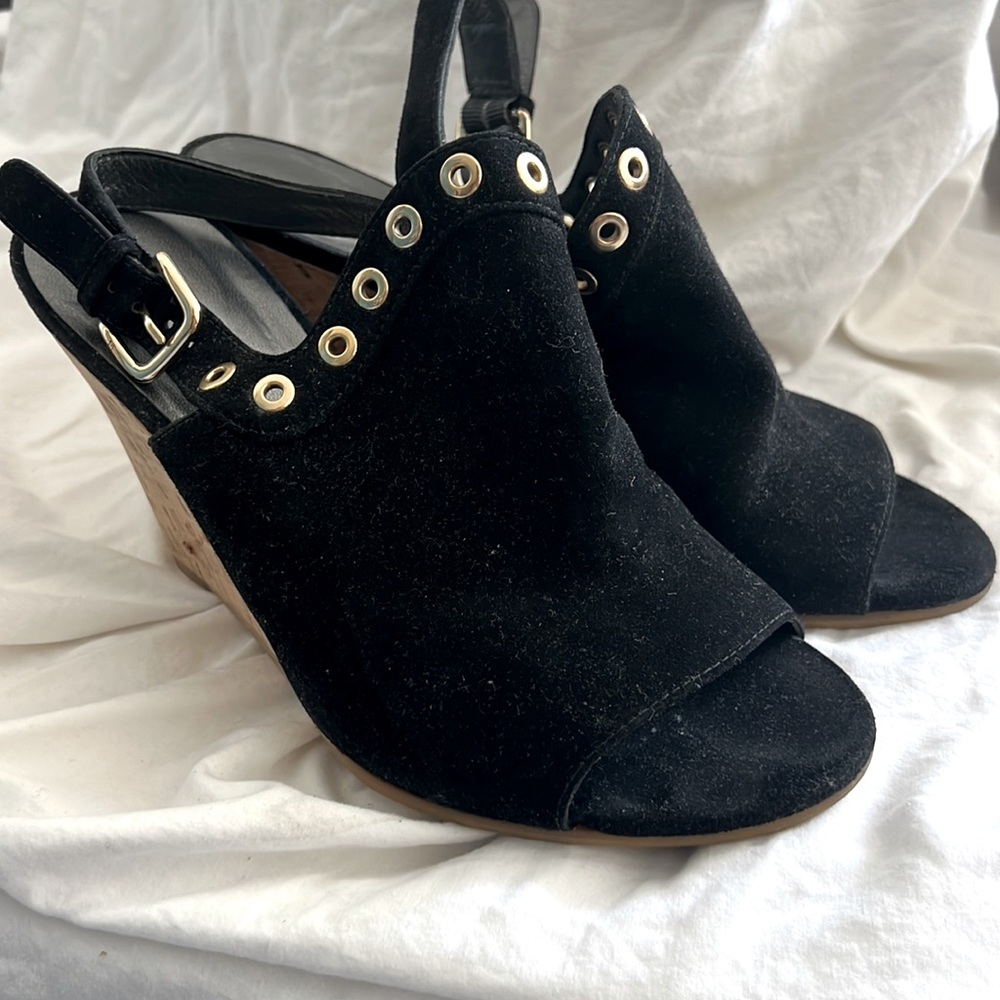 NWOT Stuart Weitzman Eyeliner Suede Cork Black Wedge Sandal Y2K